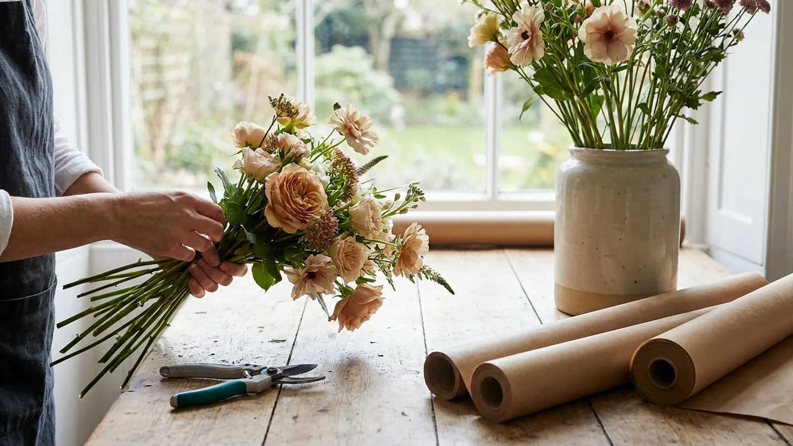 Florist arranging flowers at a rustic workbench by a window