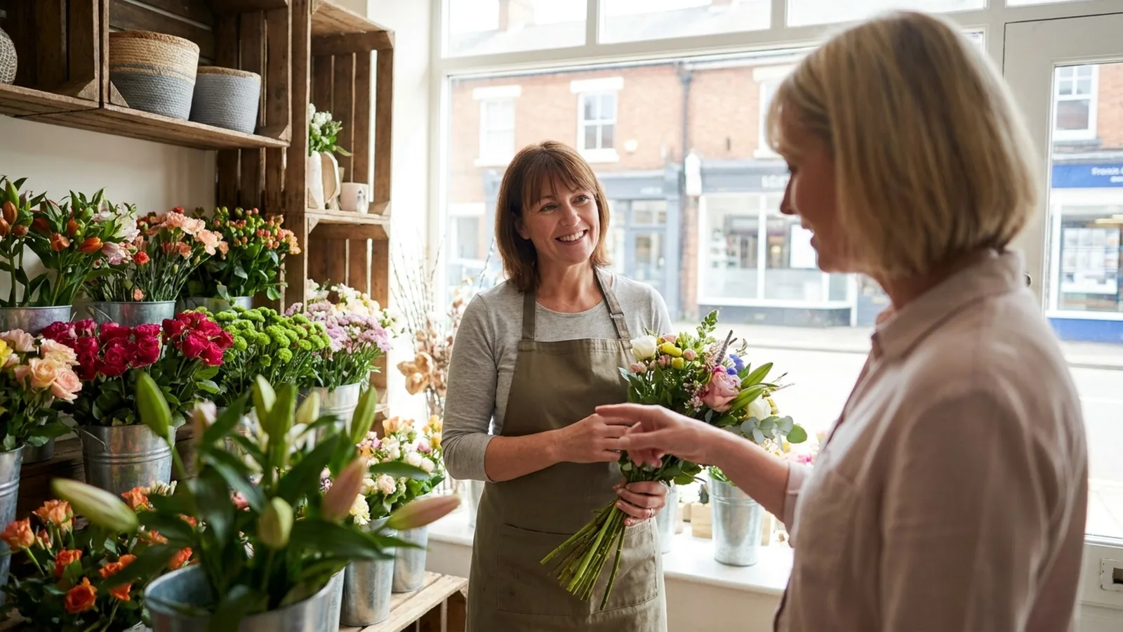 Local Manchester florist serving a customer