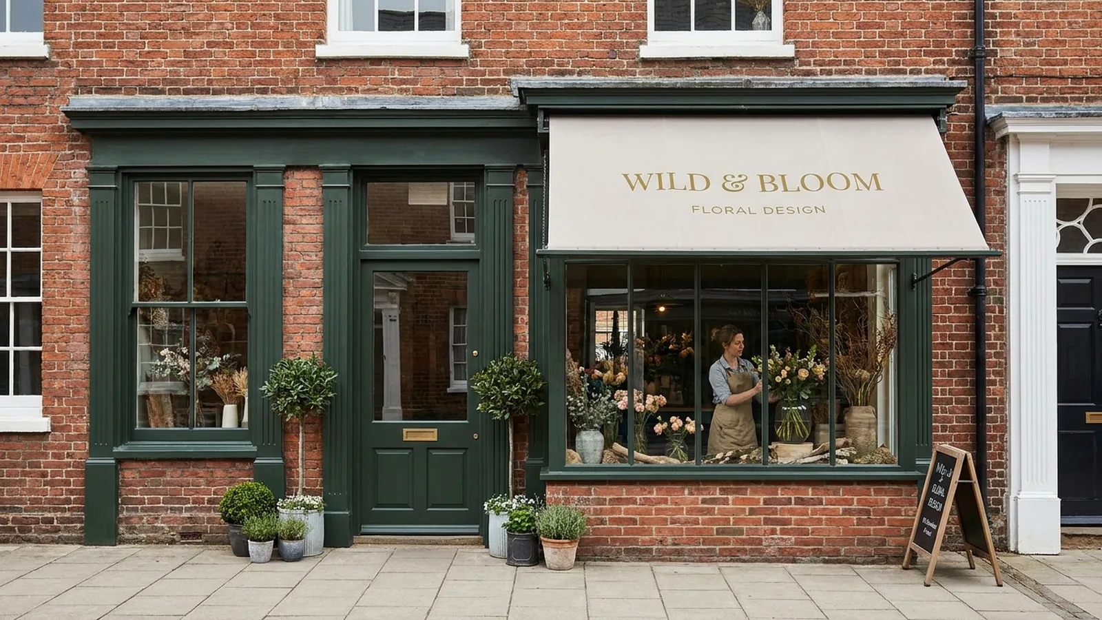 Independent florist shop front on a UK high street with window display and pavement planters