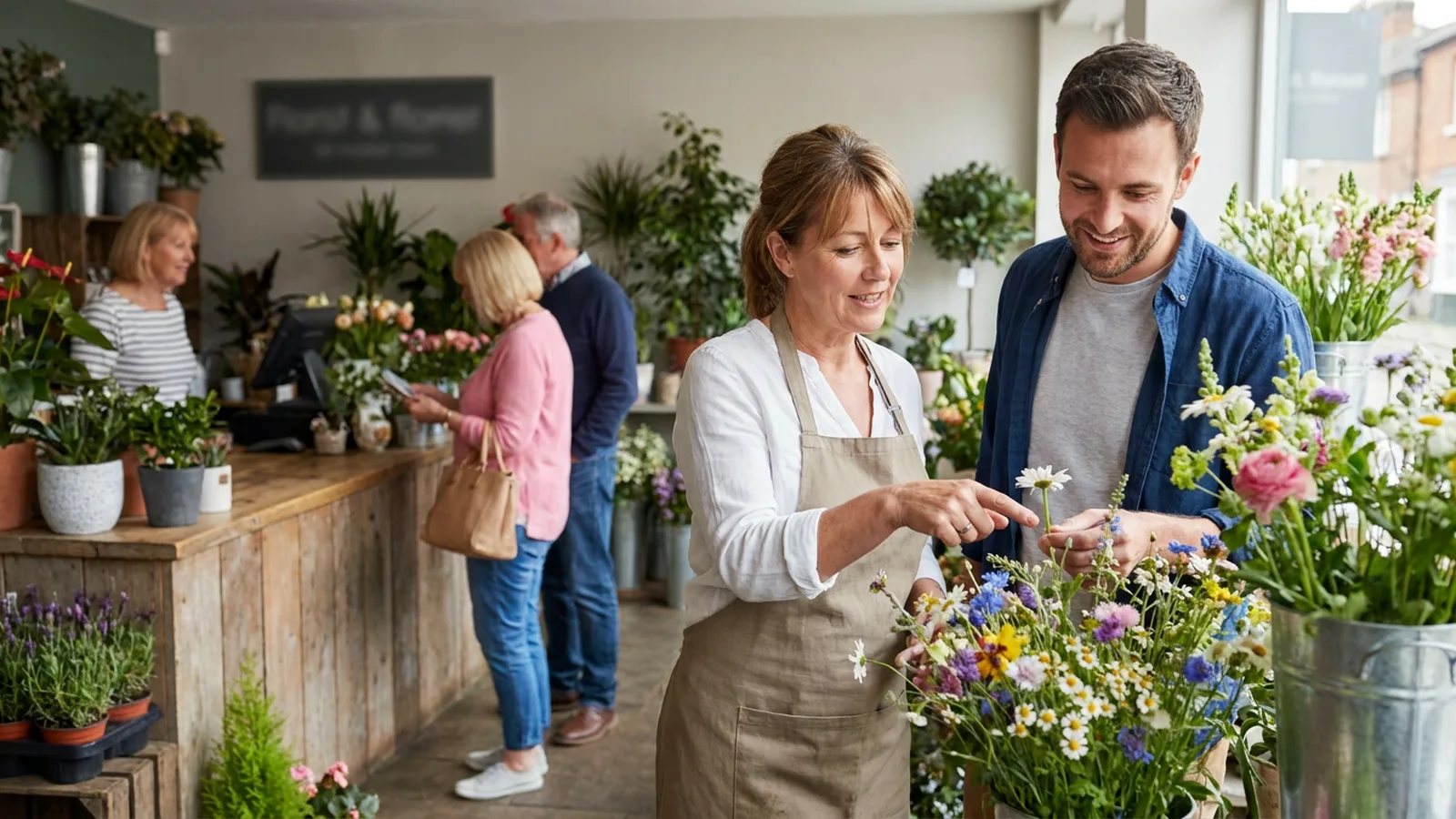Busy local flower shop with the owner serving customers