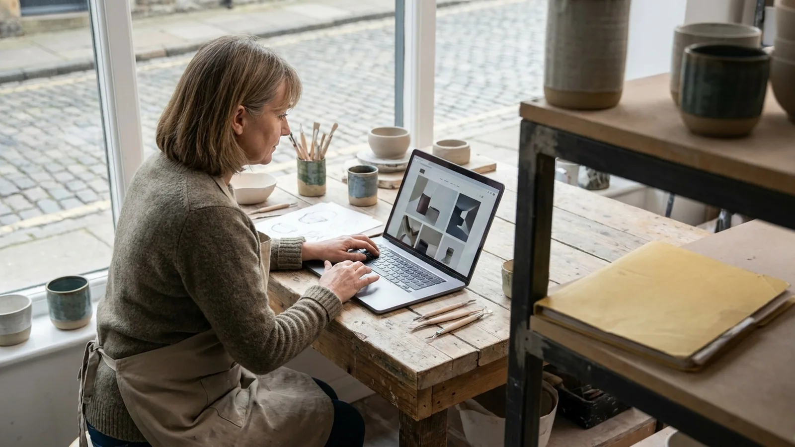 Ceramicist in a pottery studio browsing their website on a laptop by a window