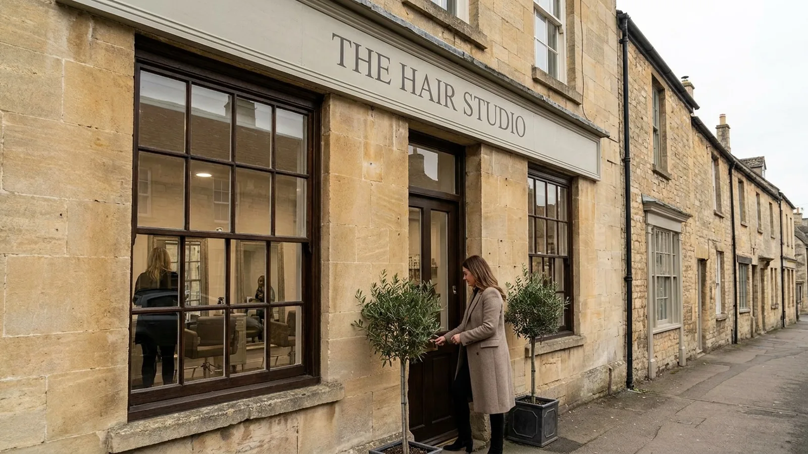 Hair studio on a high street with a customer arriving