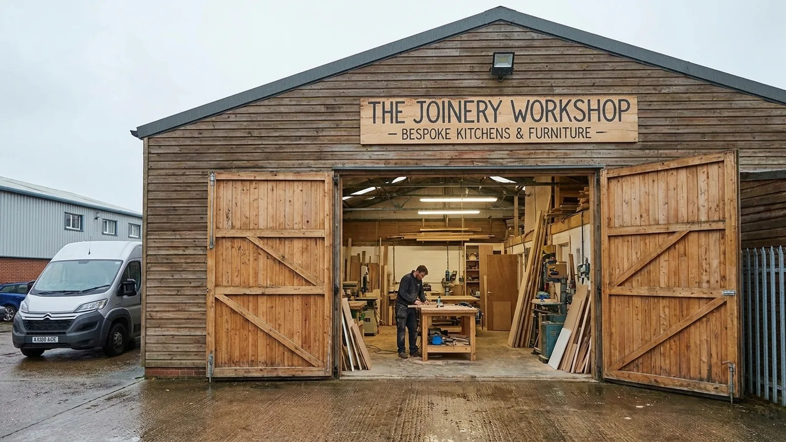 Joinery workshop with open barn doors, a craftsman working at a bench and a white van parked outside