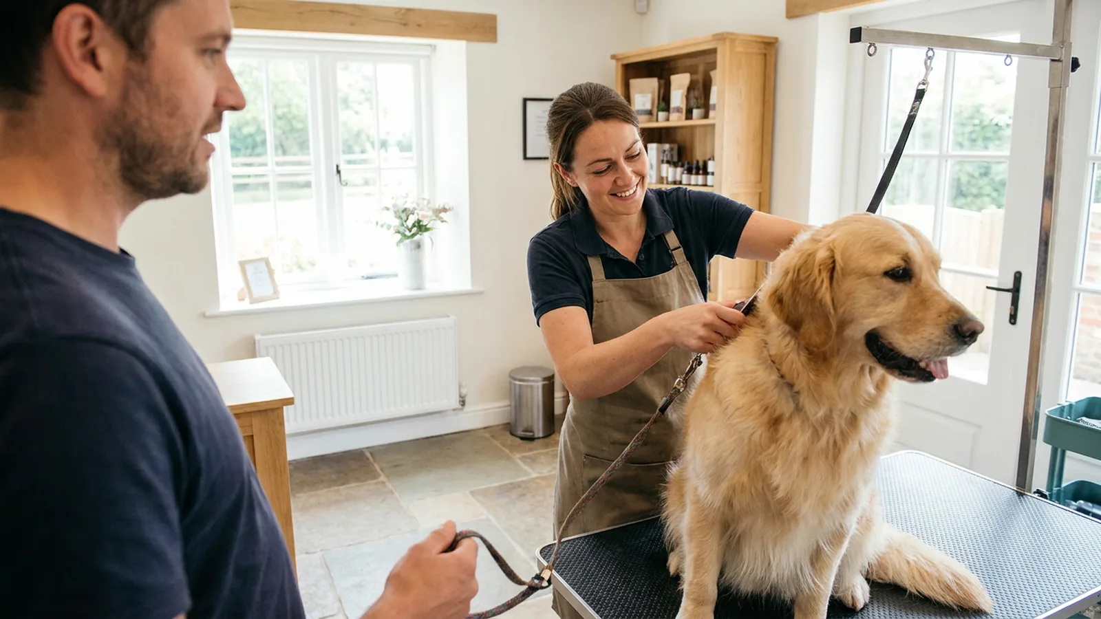 Dog groomer with a golden retriever and the owner in a local salon