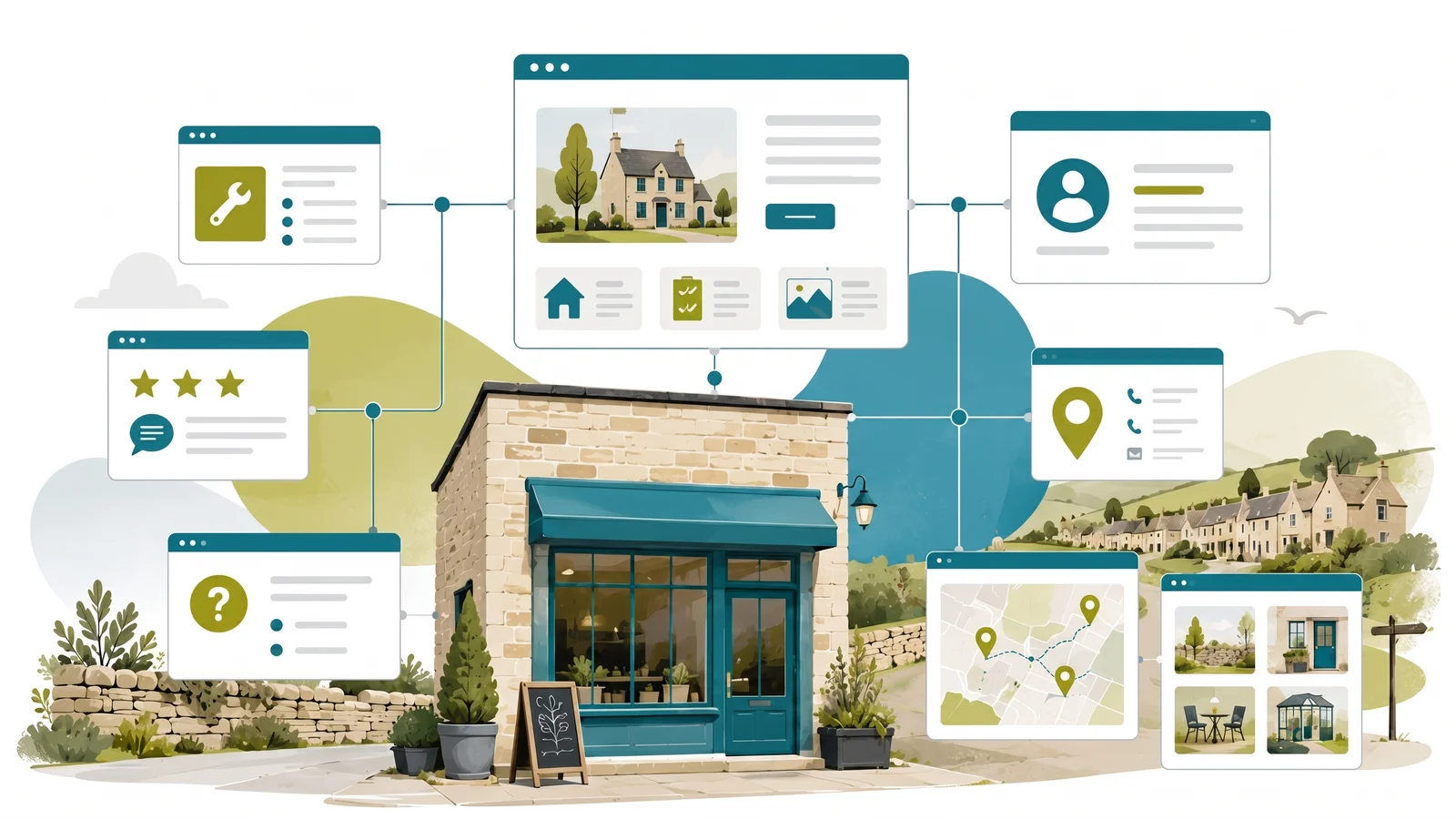 Illustration of a local business website structure showing service pages, location pages, reviews, FAQs and contact details
