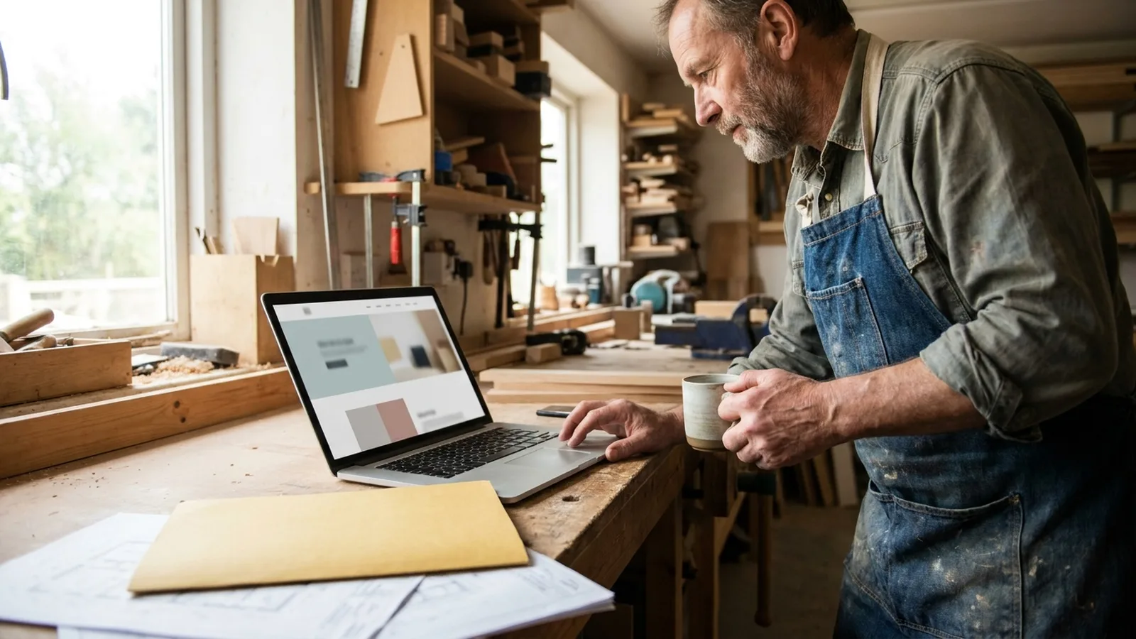 Business owner reviewing their website in a workshop