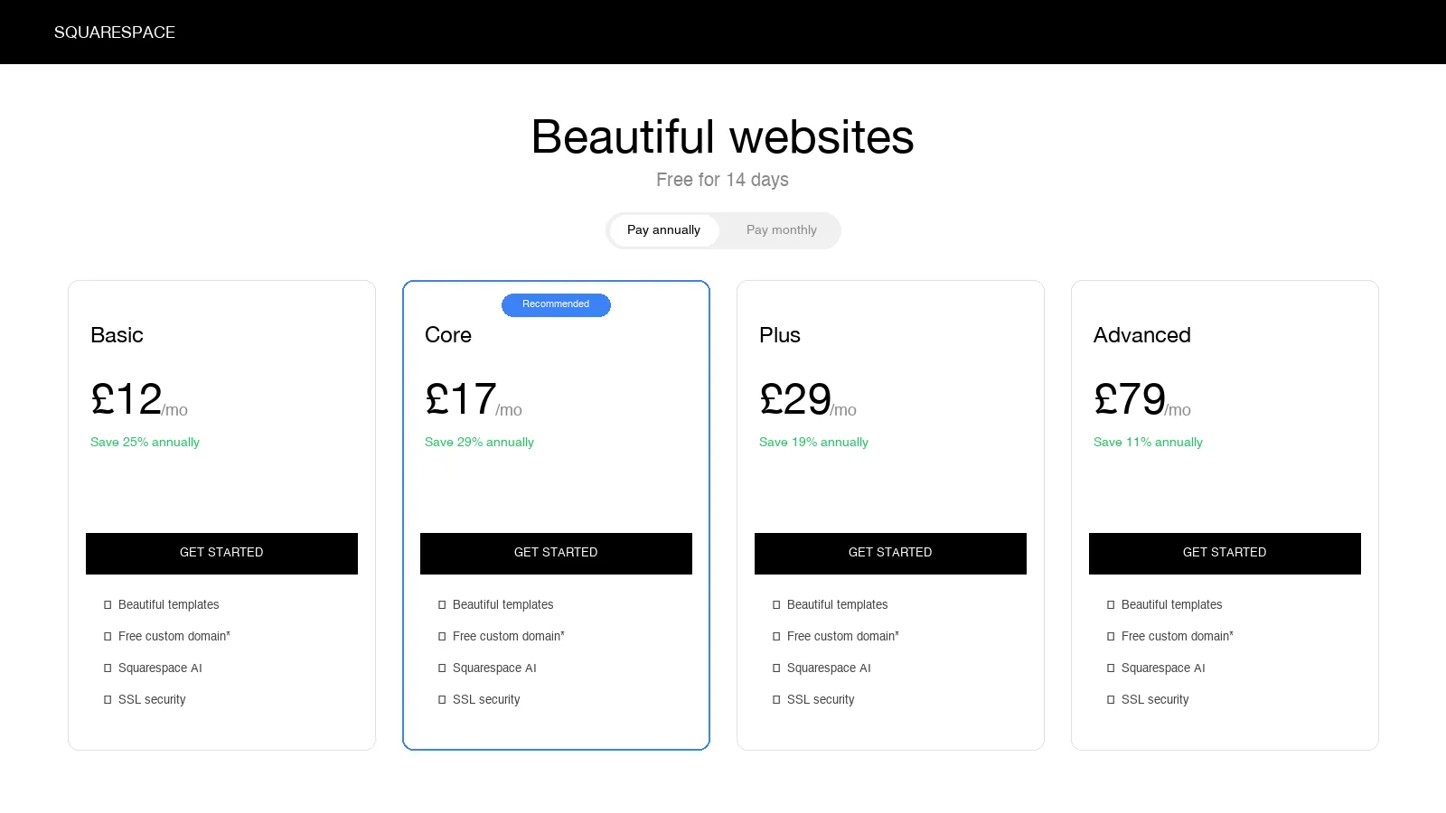 Screenshot of Squarespace UK pricing plans