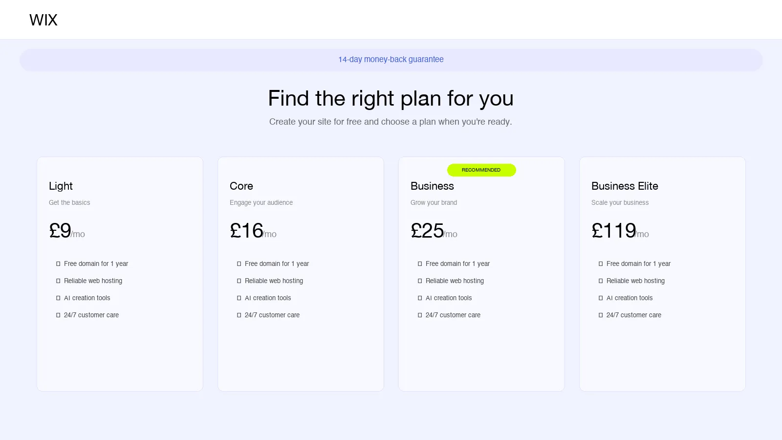 Screenshot of Wix UK pricing plans