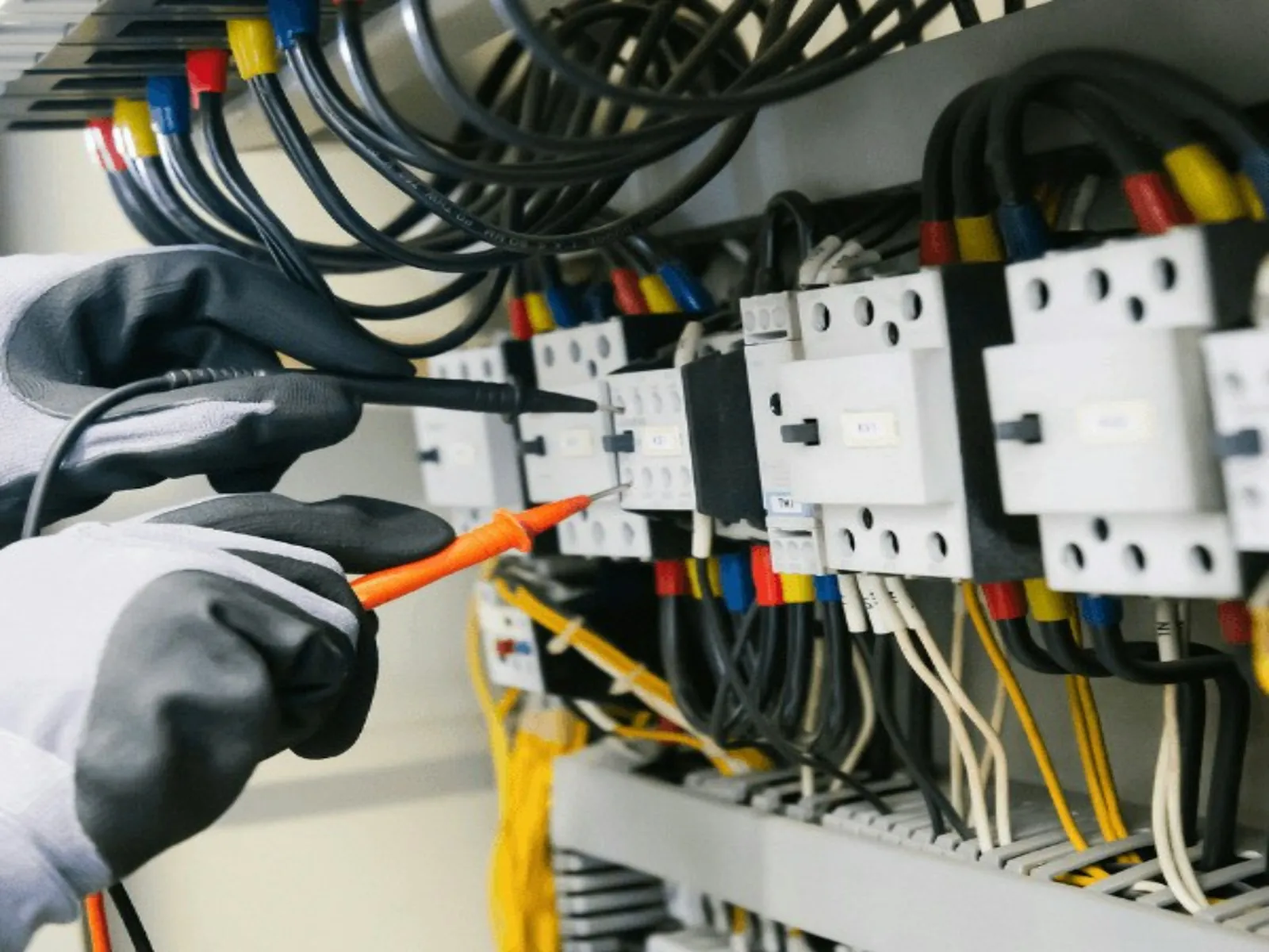 Electrician in work gloves testing circuit breakers in an open panel with meter probes