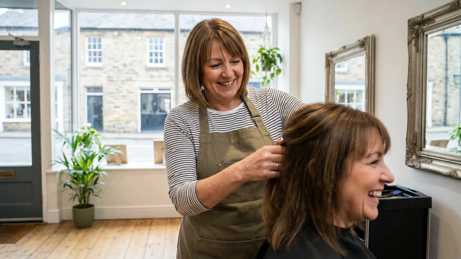Hairdresser styling a client in a Manchester salon