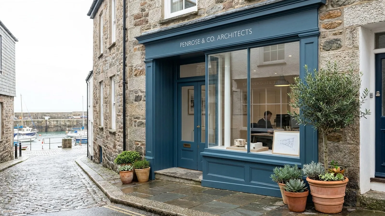 Cornish architect office on a cobbled lane with harbour views