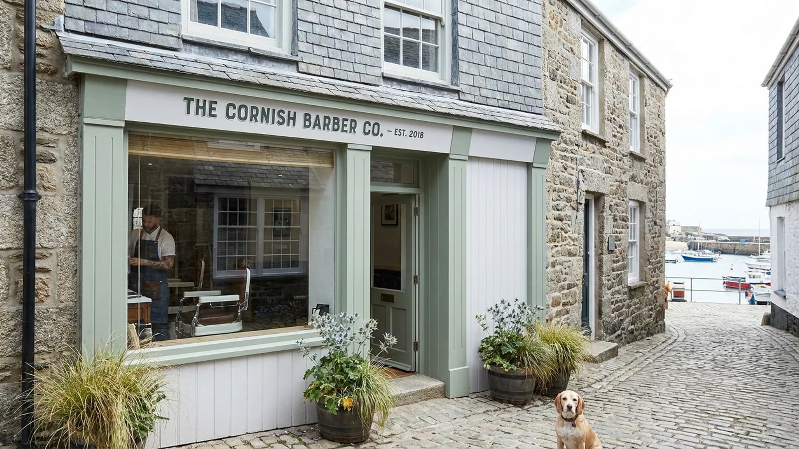 Cornish barber shop on a cobbled harbour street with boats visible behind