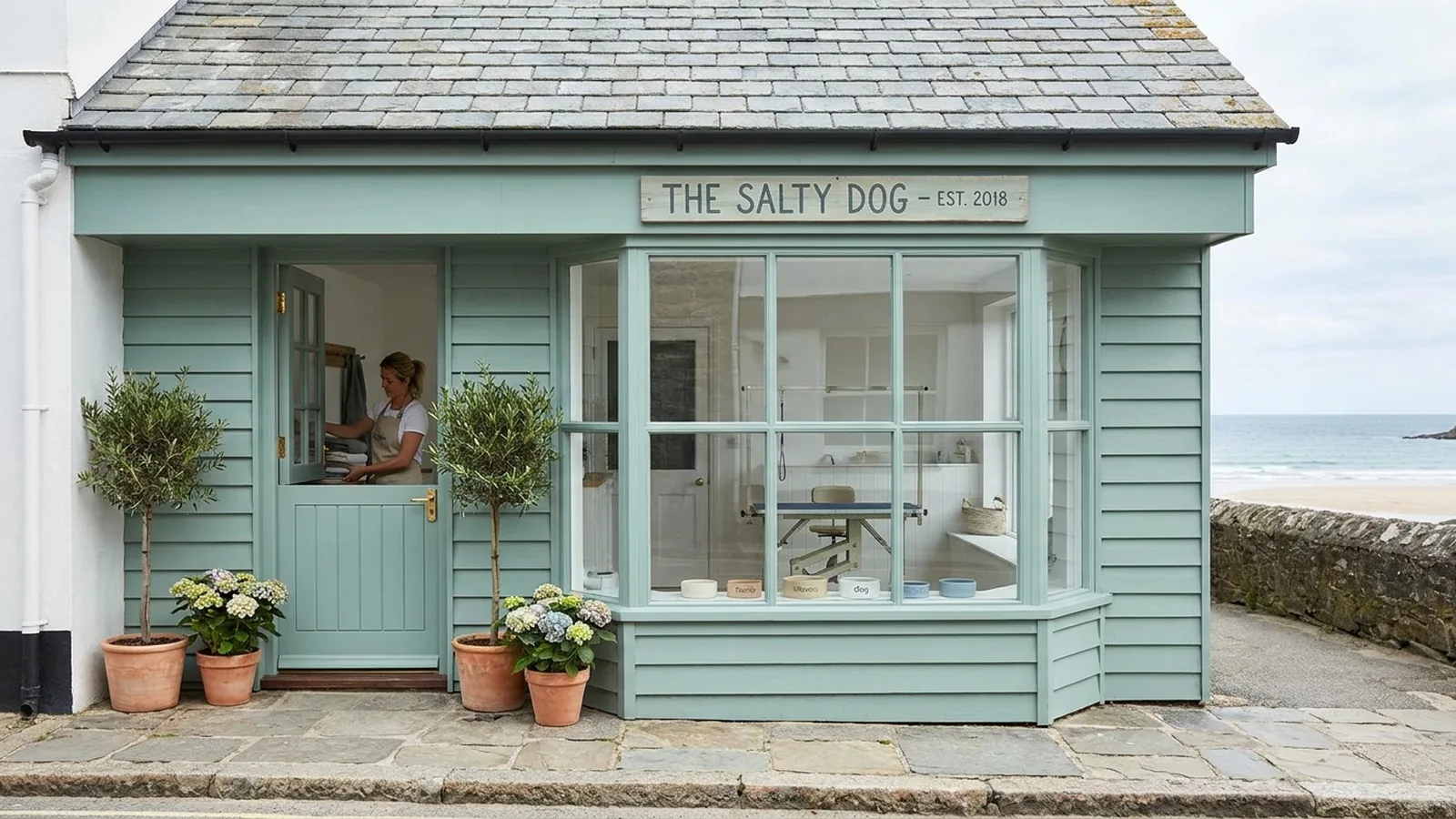 Dog groomer working with a dog in a light, calm salon